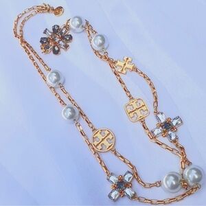 🎁 TORY BURCH NEW CRYSTAL FLOWER & PEARL NWT $268